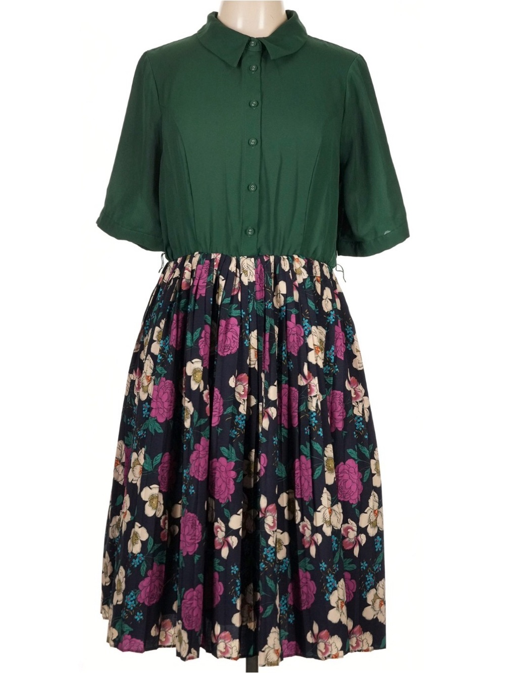 Modcloth Forest Green Bodice with Navy Floral Midi Dress